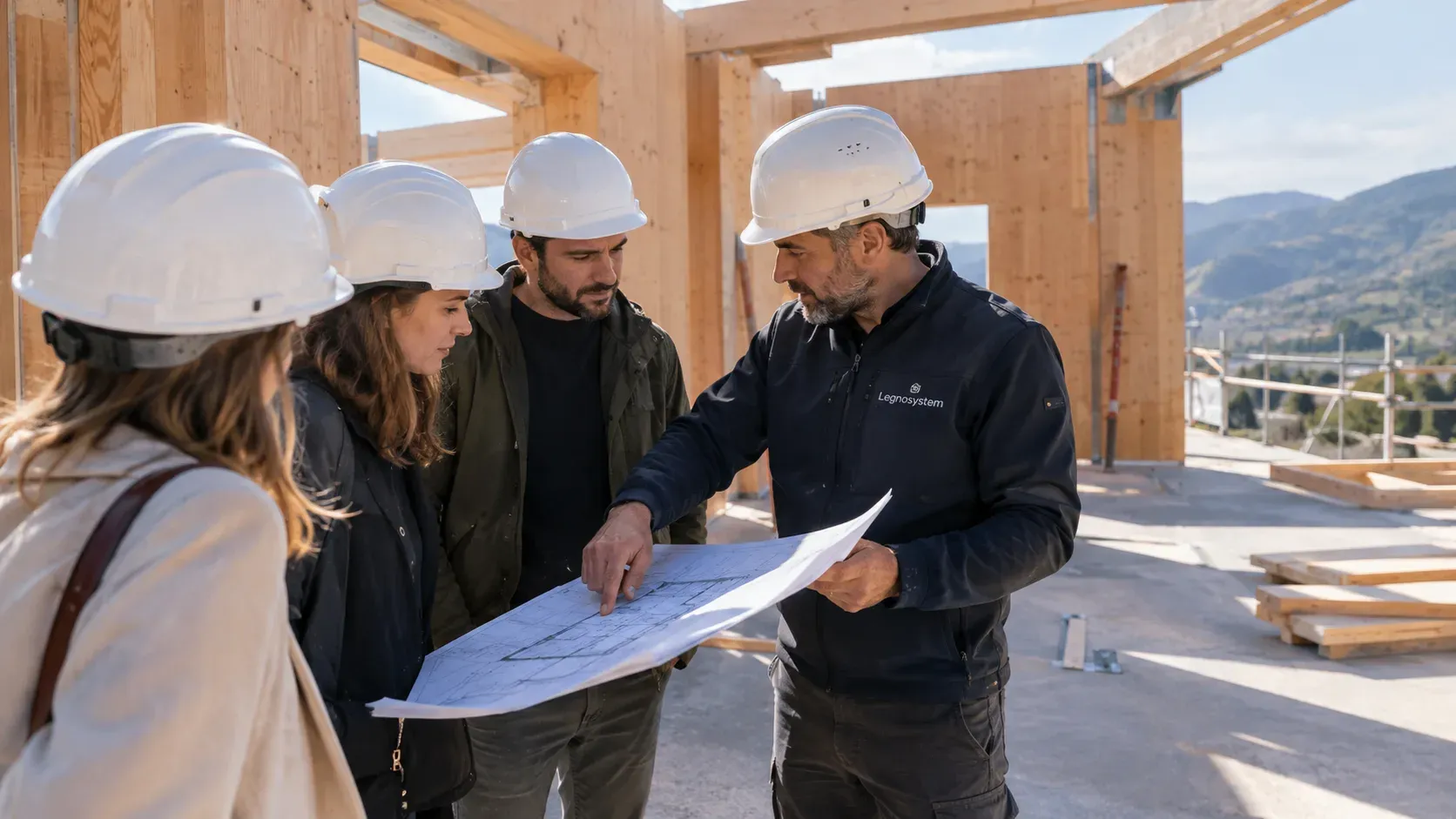 Briefing sul progetto in cantiere — team Legnosystem con i clienti